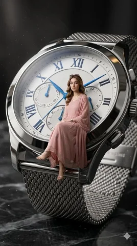 Tiny Elegance on a Giant Luxury Watch — Nano Banana 2 AI Prompt: A stylish miniature scene showing the tiny woman from the uploaded photo sitting...