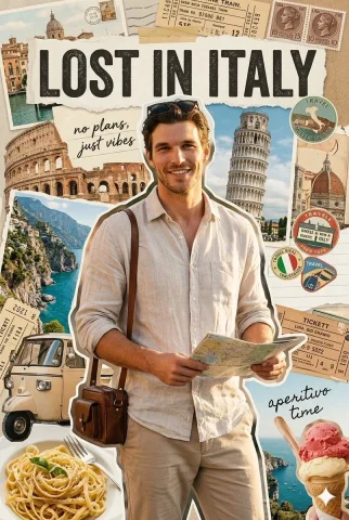 Summer Explorer in Italian Streets — Nano Banana 2 AI Prompt: Ultra-realistic travel collage poster featuring a young man (use my face) as the...