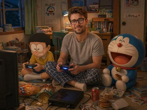 Casual Gaming in Nobita’s Room — Nano Banana 2 AI Prompt: A realistic human (based on my face), wearing casual home clothes, sitting cross...
