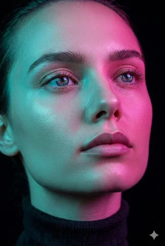 Neon Dreams: A Portrait in Dual-Tone Light — Nano Banana 2 AI Prompt: A cinematic, ultra-detailed close-up portrait of a person looking upward with a...