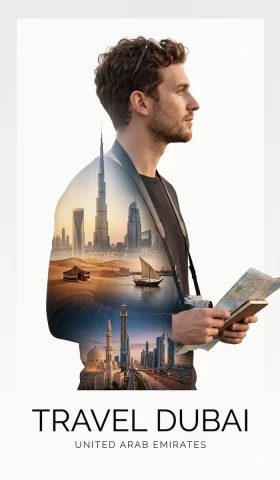 Dubai Through the Traveler's Lens — Nano Banana 2 AI Prompt: Create a minimalist double exposure travel poster for DUBAI. **Main Subject:** A...