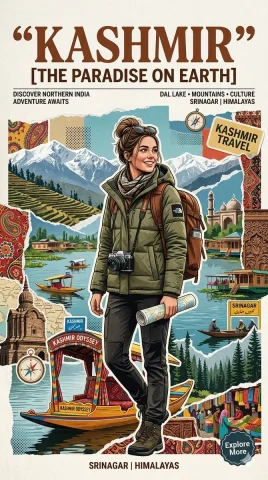 Kashmir Through a Modern Traveler’s Lens — Nano Banana 2 AI Prompt: Create a stylized travel poster / graphic collage for India. The main subject sh...