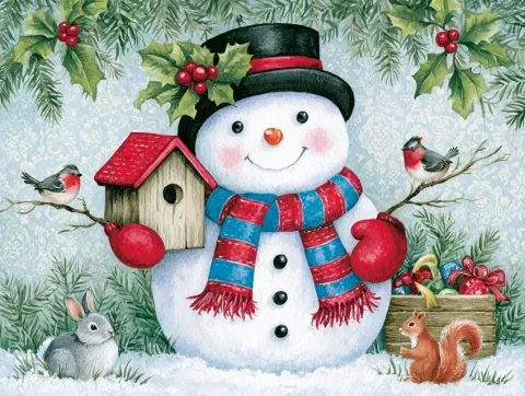 Charming Snowman — Nano Banana 2 AI Prompt: a charming snowman holding a small wooden birdhouse with a red roof, gentle blac...