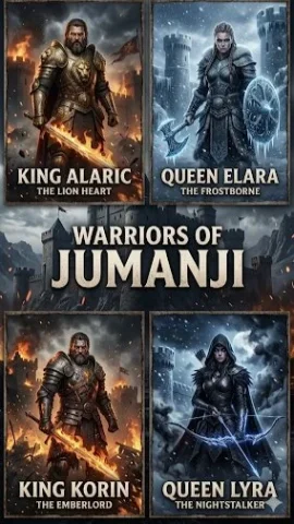Jumanji Warriors in Heroic Armor — Nano Banana 2 AI Prompt: A vertical movie poster-style layout titled 'Warriors of Jumanji' in bold, cinem...