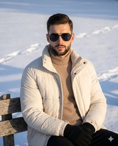 Winter Poise in Golden Light — Nano Banana 2 AI Prompt: A young male sits confidently in a serene winter portrait, dressed in contempora...