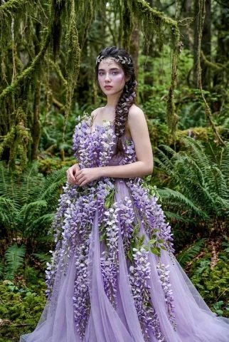 Lavender Wisteria Couture in Forest Light — Nano Banana 2 AI Prompt: Chanel-inspired botanical couture, long shot. A woman wearing a cascading gown m...