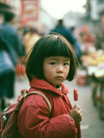 Nostalgic Market Girl — Nano Banana 2 AI Prompt: 6-year-old Chinese girl, straight bangs, wearing a small red coat and a little s...