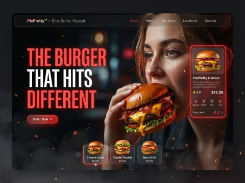 Next-Level Food Photography: A Visual Upgrade — Nano Banana 2 AI Prompt: Luxury PixPretty burger ad, dark cinematic background with red neon glow, woman...