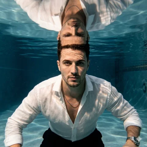 Elegant Submersion — Nano Banana 2 AI Prompt: A young man just below water surface wearing an open white shirt, black trousers...