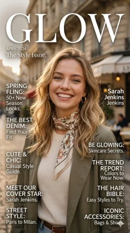 Effortless Elegance in Parisian Style — Nano Banana 2 AI Prompt: { "image_description": "A high-end fashion magazine cover titled 'GLOW' in b...