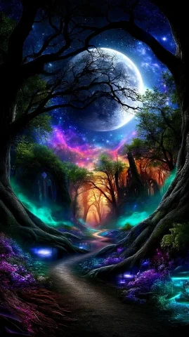 Ancient Shadow Forest — Nano Banana 2 AI Prompt: ancient shadow forest beneath a colossal full moon, twisted black trees arching...