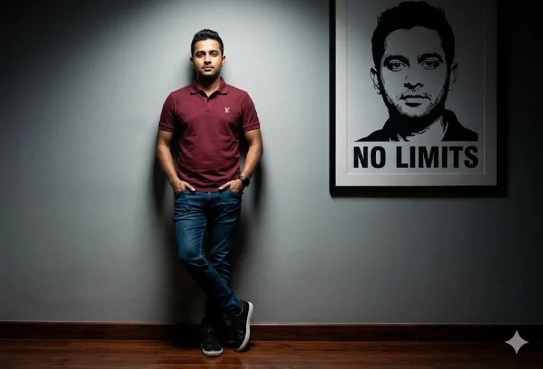 Confident Man in Minimalist Room with Graphic Portrait