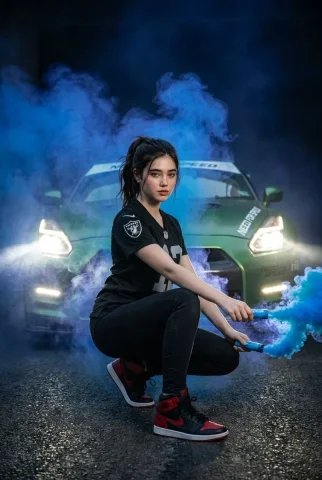 Cinematic Edge: Woman in Blue Smoke with Nissan GTR — Nano Banana 2 AI Prompt: Ultra-realistic cinematic portrait in 8K resolution. A woman is crouching in the...