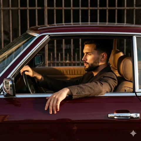 Elegance in Motion: A Vintage Car Portrait — Nano Banana 2 AI Prompt: A young adult male model sits deliberately posed in profile, leaning slightly to...