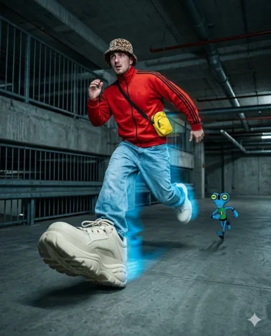 Fashion Meets Fear: The Chase of a Lifetime — Nano Banana 2 AI Prompt: A hyper-realistic, cinematic 8k image of a stylish young man running frantically...