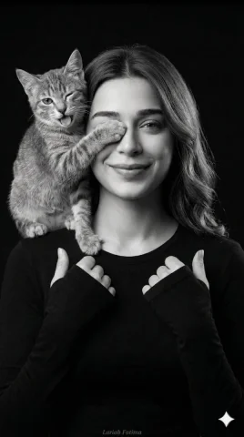 Feline Hijinks: A Playful Portrait — Nano Banana 2 AI Prompt: A humorous, photorealistic portrait of a women wearing Thumbhole Shirt. A gray c...
