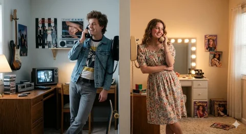 Love Across the Divide: A 1980s Snapshot — Nano Banana 2 AI Prompt: Hyper-photorealistic 1980s split-bedroom editorial two early-twenties lovers on...