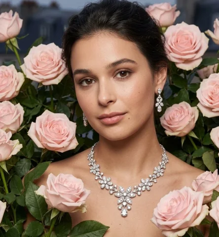 Elegance Unveiled: A Floral Jewel Portrait — Nano Banana 2 AI Prompt: Realistic detailed jewelry editorial portrait featuring luxury floral diamond ne...