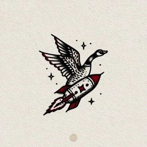 Goose on a Rocket — Nano Banana 2 AI Prompt: goose on a rocket. oldschool tattoo style, oldschool prison tattoo, oldschool as...