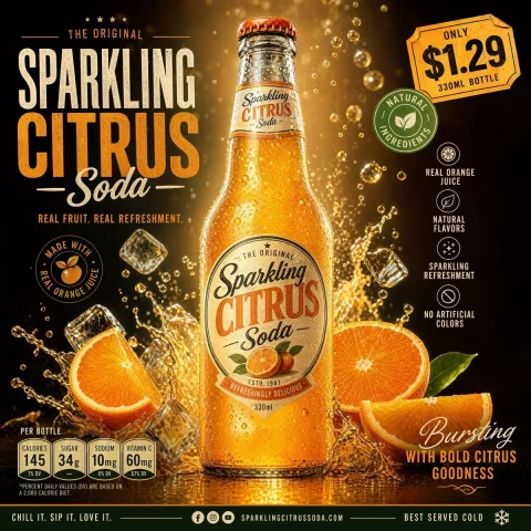 Refreshing Elegance: Sparkling Citrus Soda Showcase — Nano Banana 2 AI Prompt: Premium Cold Drink Ad Poster Prompt Luxury illustrated advertising poster for a...