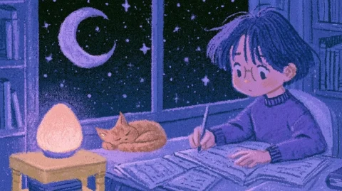 Cozy Study Room — Nano Banana 2 AI Prompt: A warm and cozy room for focused studying at night. A young person is sitting at...
