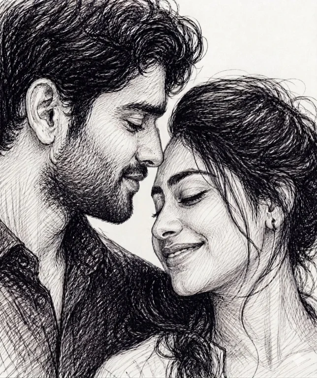Monochrome Ballpoint Study of Intimate Couple Portrait