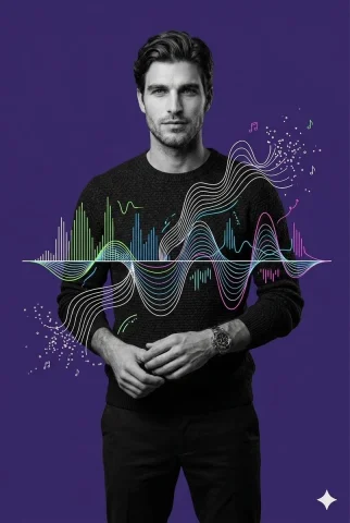 Audio Visions: The Fusion of Sound and Style — Nano Banana 2 AI Prompt: A full-body studio portrait combining realistic photography with minimal vector...