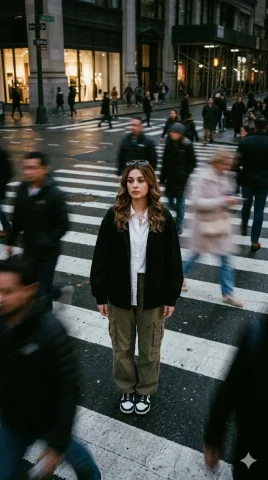 Frozen in Motion: A Street Style Portrait — Nano Banana 2 AI Prompt: Cinematic street photography, frozen in motion, crowd blur effect, overhead port...