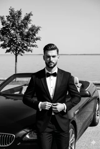 Timeless Elegance: A Moment of Confidence — Nano Banana 2 AI Prompt: A man in a black tuxedo is centered in the frame, projecting a serious, quietly...