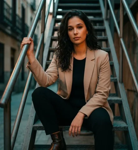 Urban Elegance: A Cinematic Portrait — Nano Banana 2 AI Prompt: Ultra-realistic cinematic portrait of a woman sitting on outdoor metal stairs in...