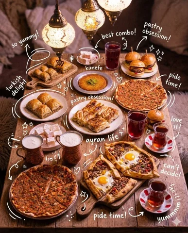 Cozy Top-View Feast with Playful Doodles — Nano Banana 2 AI Prompt: Aesthetic food table with pastries, pizza slices, burgers, and cold drinks, arra...
