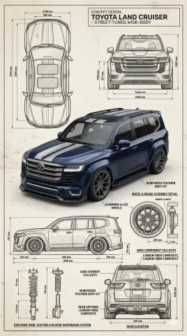 Precision Engineering Meets Custom Car Design — Nano Banana 2 AI Prompt: Highly detailed technical blueprint sketch and realistic 3D–render fusion of a c...
