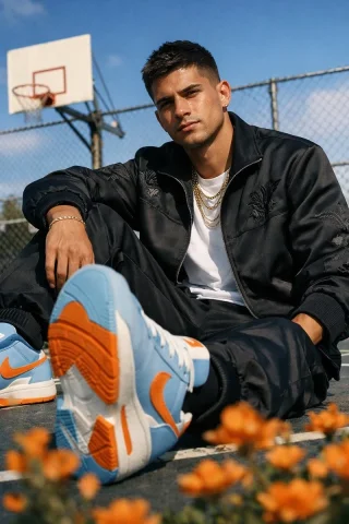 Urban Elegance: Streetwear Portrait on a Sunlit Court — Nano Banana 2 AI Prompt: Ultra-realistic cinematic fashion portrait of a young man seated on an outdoor b...