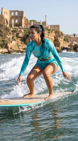 Surfer Among Roman Ruins — Nano Banana 2 AI Prompt: Create an ultra-premium outdoor surf campaign photo of the same woman with stric...