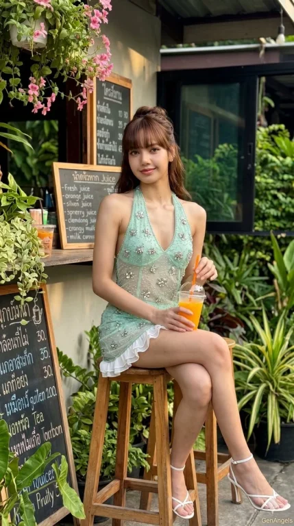Casual Elegance at a Sunlit Juice Stand