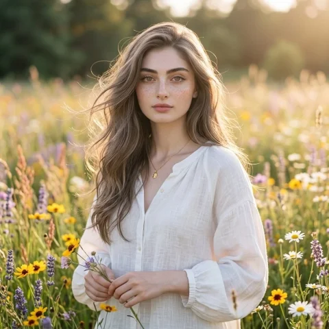 Sunlit Serenity in a Wildflower Meadow — Nano Banana 2 AI Prompt: A soft-featured young woman with pale skin, delicate freckles across her nose, l...