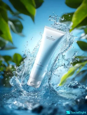 Hyperreal Cosmetic Tube Amid Dynamic Water Splash — Nano Banana 2 AI Prompt: A front-facing product photo of a white cosmetic tube slightly tilted, placed in...