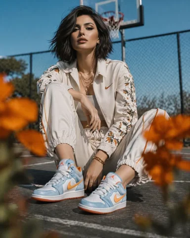 Urban Elegance: A Fashion Portrait on the Court — Nano Banana 2 AI Prompt: Ultra-realistic cinematic fashion portrait of a young woman seated on an outdoor...