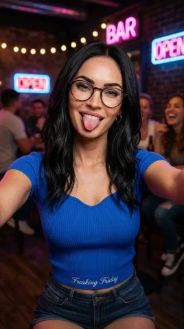 Playful Glamour in Neon Glow — Nano Banana 2 AI Prompt: { "prompt": "Vertical close-up selfie of an attractive woman resembling Made...