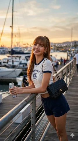 Golden Hour Harbor Elegance — Nano Banana 2 AI Prompt: A high-end editorial fashion photograph capturing a young woman with a radiant,...