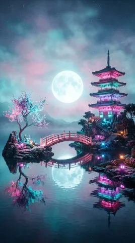 Moonlit Serenity: A Dreamlike Escape — Nano Banana 2 AI Prompt: A surreal, ethereal landscape at night featuring a serene body of water reflecti...