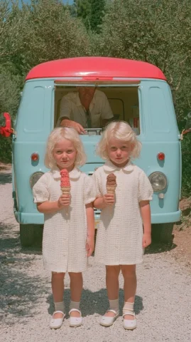 Vintage Ice Cream Van — Nano Banana 2 AI Prompt: two young blonde 2 yeras girls in matching white line dresses and white mary jan...