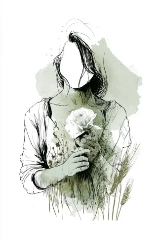 Faceless Woman with Rose — Midjourney v6 AI Prompt: faceless young woman figure seen from below the neck, holding single white rose,...