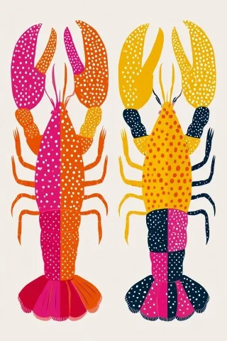 Vibrantly Colored Lobsters — Nano Banana 2 AI Prompt: a whimsical illustration features two vibrantly colored lobsters against a plain...