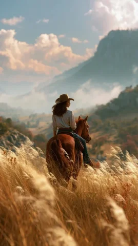 Cowgirl on Horse — Nano Banana 2 AI Prompt: Cowgirl with brown hair on a chestnut brown horse, looking out over beautiful Br...