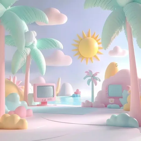 Pastel Seaside Animation — Midjourney v6 AI Prompt: C4D animation style with soft and rounded shapes in pastel colors. The design sh...