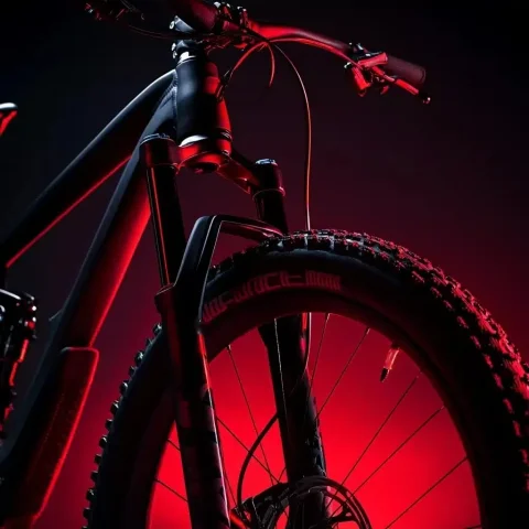 Dramatic Mountain Bike Close-Up — Midjourney v6 AI Prompt: Close-up of the frame and front wheel with black mountain bike Lighting: Directi...