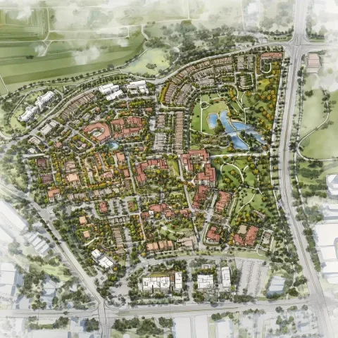 Aerial View of New Urbanism — Midjourney v6 AI Prompt: birds eye view of a large 600 acre master planned mixed-use development based on...