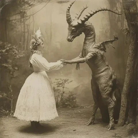 Surreal Edwardian Beasts Photography — Midjourney v6 AI Prompt: sepia photographs Edwardian full length, surreal, strange beautiful fairytale my...