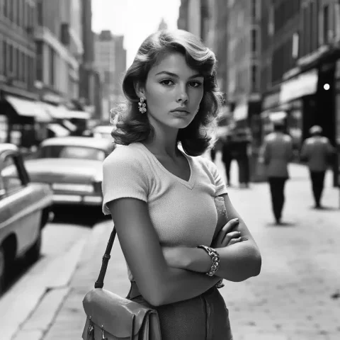 1960s Boston Street Portrait — Midjourney v6 AI Prompt: A 35-year-old slim woman, 167 cm tall, 56 kg, with light brown wavy hair and bro...